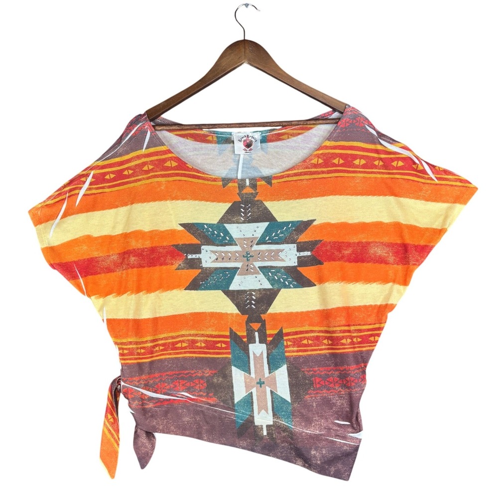 Ranch Royalty Womens S Southwestern Aztec Print Rhinestone Side Tie Top Orange